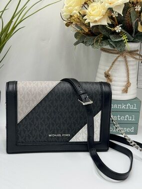 Michael Kors Jade Tri-Color Logo Gusset Crossbody Bag - Black/Grey/White